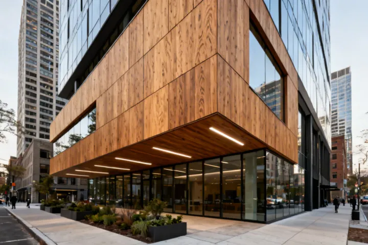 Commercial building with Woodgrain composite cladding